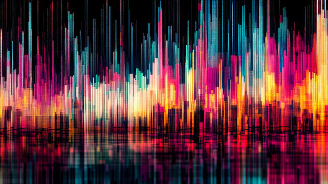 Abstract futuristic spectrogram with colorful vertical bars and reflections