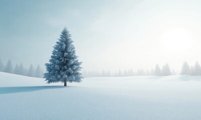 Fototapeta premium Expansive winter scene with a single snow-covered evergreen tree standing on a pristine snowy field, illuminated by pale sunlight for a serene composition,