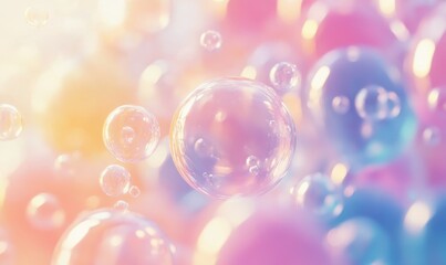 Glowing translucent bubbles reflecting soft pastel hues of pink, blue, and yellow, floating gracefully against a blurred background, creating a playful visual,