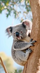 Naklejka premium Koala resting in eucalyptus tree, sunny day. Wildlife conservation