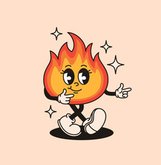 Groovy fire character in retro style. Flat vector illustration.