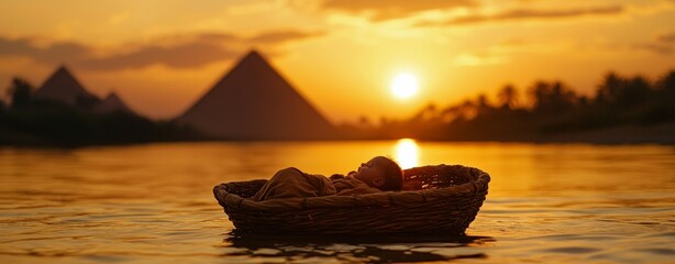 Baby Moses floating in a Basket - River Sunset - Pyramids of Egypt in background
