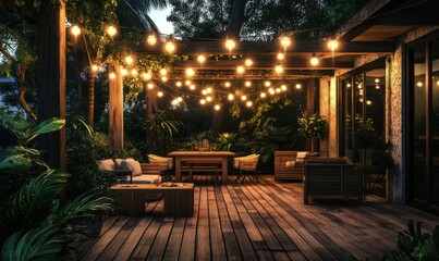 Rustic open-air terrace with wooden furniture under string lights, surrounded by lush greenery