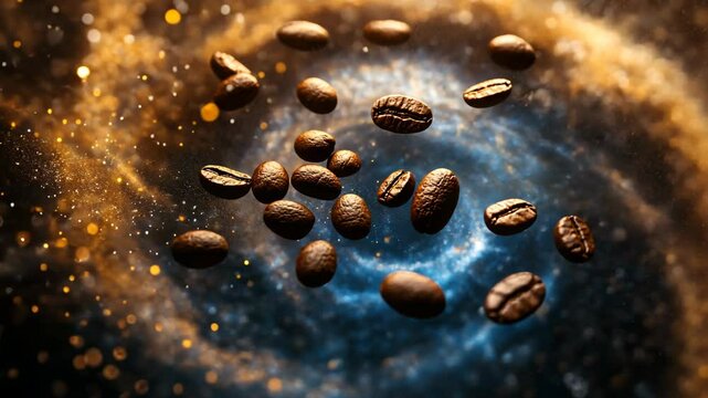 Unique coffee beans floating in a cosmic swirl with shimmering stars and a deep blue background