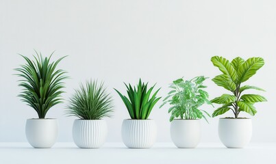 Fototapeta premium Fresh green houseplants arranged neatly in sleek white ceramic pots, symbolizing life and tranquility in modern spaces.