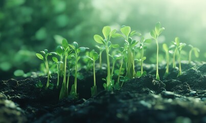Fresh green sprouts growing from the ground, symbolizing new beginnings and growth.