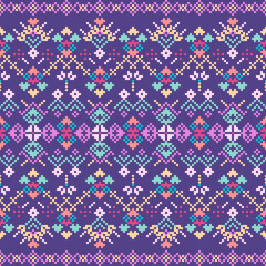 Ethnic seamless geometric pattern, embroidery style, traditional cross stitch needlework. Design for fabric, clothing, carpet, curtain, cushion, bedspread, scarf, knitwear, decoration and batik.