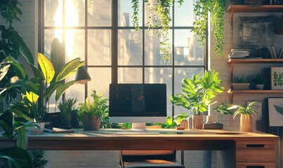 Sunlit workspace with plants, computer, wooden desk, and window.