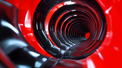 Abstract tunnel with red and black pipes in digital environment. Dreamlike Labyrinth Passage. Illustration