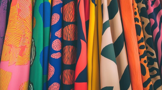 Close-up of a collection of colorful fabrics with different patterns and designs. the fabrics are arranged in a grid-like pattern, with each fabric having a different color and design.