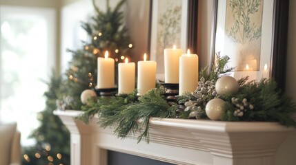 Festive fireplace mantel decorated with candles, garland, and ornaments.