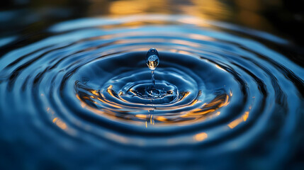 Close Up of Water Drop Impacting Water Surface with Concentric Ripples and Reflections