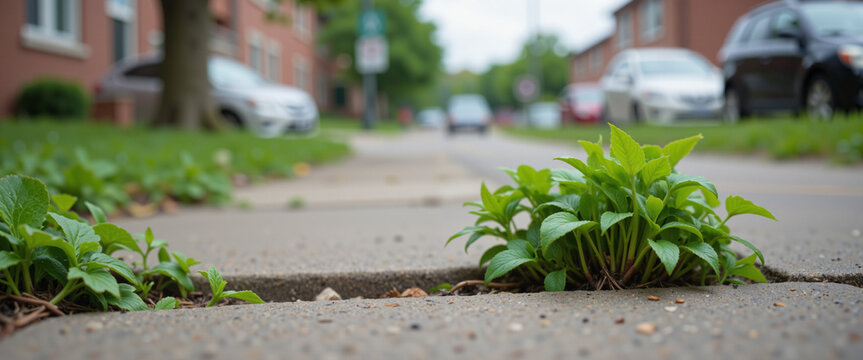 Plants breaking through cracked pavement in an urban setting reflecting resilience and nature's perseverance amidst concrete surroundings - Powered by Adobe