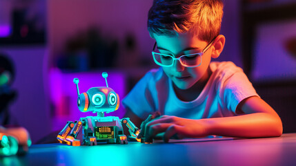 A young boy with glasses interacts with a small, glowing robot toy in a dimly lit room