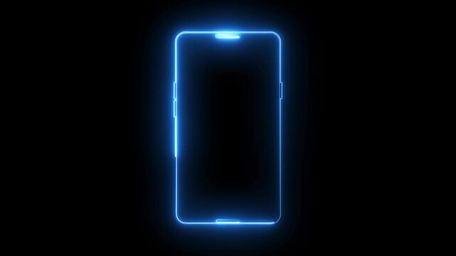 Neon phone icon. Smartphone perspective vibrant view with blank screen, camera lenses and space for text, modern laser led concept. 4K