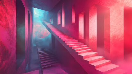 Endless staircase floating in the void, leading to multiple doors with different realities, symbolic of life choices and alternate paths. Dreamlike Labyrinth Passage. Illustration