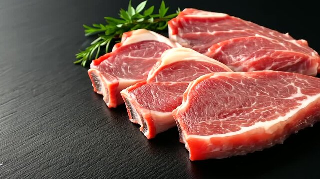 A minimalistic and refined image of raw lamb chops and fresh mutton ribs, delicately placed on a matte black surface with a subtle sheen. The deep red hues of the meat contrast bea