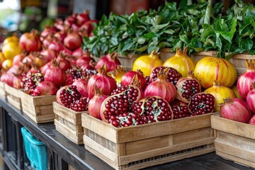 Fresh Pomegranates Displayed in Wooden Crates at an Outdoor Market Stall