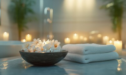 Luxurious spa setting with white towels, aromatic candles, and a bowl of fresh flowers, creating a serene and indulgent ambiance.