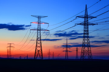 Electric Pylons at Dusk: A network of imposing electricity pylons stretches across a vibrant, colorful sky at dusk, carrying power to a community.