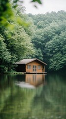 Fototapeta premium Lakeside cabin, forest background, tranquil scene, nature escape