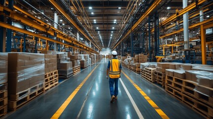 Fototapeta premium Warehouse Worker Walking Through Distribution Center with Stacks of Packages