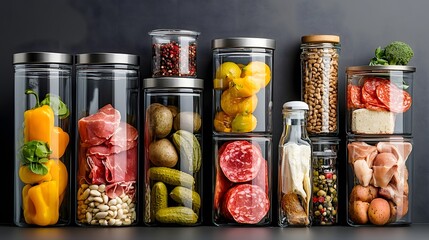 A well organized refrigerator or fridge showcasing a variety of deli meats pickles nuts and other preserved foods neatly arranged in transparent glass jars and containers for easy viewing and access