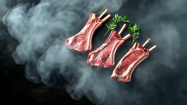A top-down view of fresh raw lamb chops and mutton cutlets arranged on a dark, textured slate surface
