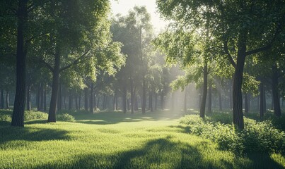 Obraz premium Serene morning in a forest clearing, soft sunlight filtering through the trees and casting long shadows on the groun