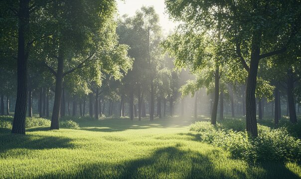 Serene morning in a forest clearing, soft sunlight filtering through the trees and casting long shadows on the groun