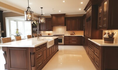 Fototapeta premium Spacious kitchen with sleek white countertops, dark wooden cabinets, and pendant lights casting warm light.