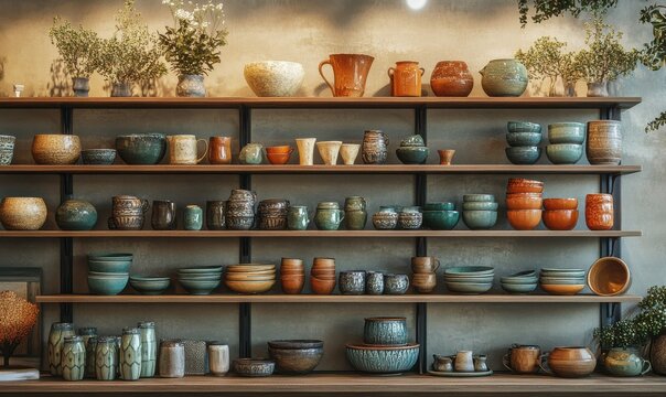 Shelves filled with handcrafted pottery and decorative ceramics arranged in a modern bohemian style under warm lighting.