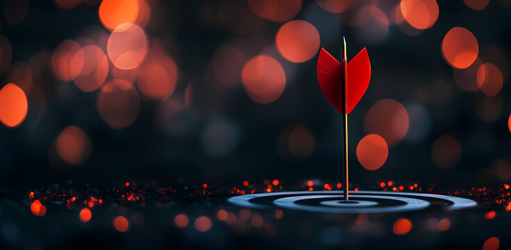 Aiming for Success: A striking red arrow finds its mark at the bullseye of a target, symbolizing precise aim, goal achievement, and strategic success. Set against a blurred.