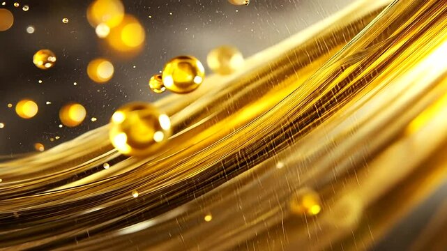 A stunning close-up of silky, smooth hair strands being nourished by golden vitamin serum droplets, glowing with hydration. The serum penetrates deep into the hair, revitalizing ea