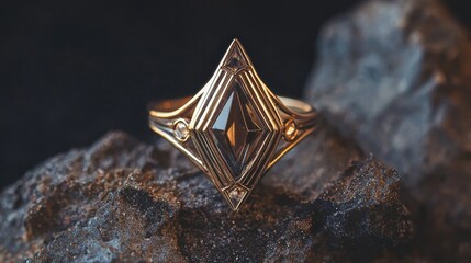 Close-up of a gold ring resting on a rock. the ring has a triangular shape with a diamond in the center. the diamond is set in a gold band and is surrounded by smaller diamonds on either side.