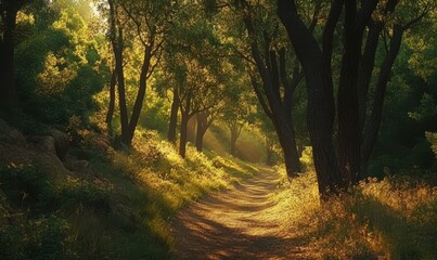 Obraz premium Tranquil forest trail with tall trees casting soft shadows, golden sunlight filtering through the canopy creating a peaceful atmospher