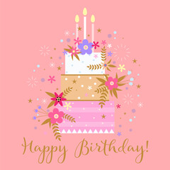 Birthday cake and flowers. Party holiday background. Birthday party. Party decoration