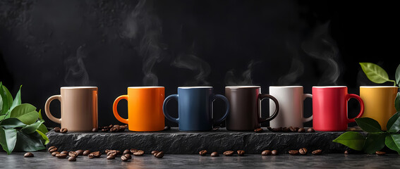 A Colorful Coffee Collection: An appealing array of steaming coffee cups in various vivid hues. Nestled on a dark textured surface.