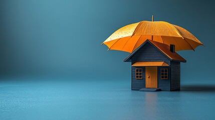A miniature house with an orange umbrella on a blue background, symbolizing protection and security