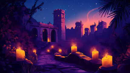 Candlelit evening ceremony ancient fort cultural event historical setting serene atmosphere spiritual reflection. Hollow-Eyed Forgotten Souls. Illustration