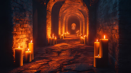 Fototapeta premium Candlelit evening ceremony ancient fort cultural event historical setting serene atmosphere spiritual reflection. Hollow-Eyed Forgotten Souls. Illustration