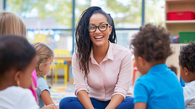 Engaging Kindergarten Classroom with Cheerful Educator and Kids
