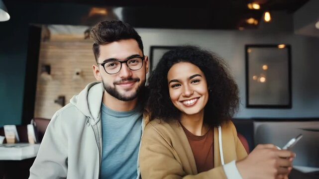 Happy multi ethnic couple causal shot looking at camera