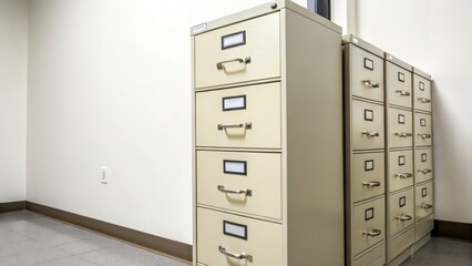 Beige Metal Filing Cabinets on White Wall