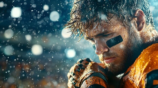 Close up portrait of an intense masculine athlete s face under dramatic stadium lighting beads of sweat visible as they exert themselves during an intense game or competition