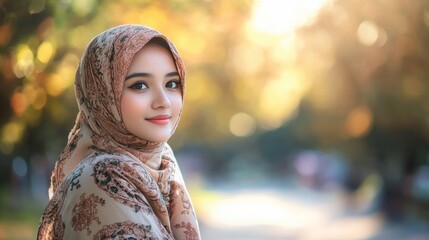 Naklejka premium Young Woman in Hijab Smiling in Nature with Soft Golden Light