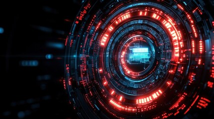 Obraz premium Circular Abstract Technology Background with Blue and Red Glowing Light and Geometric Design