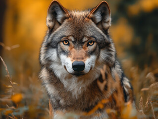 Naklejka premium Gray Wolf in Autumnal Vegetation
