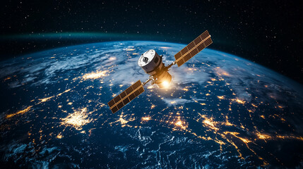 A communication satellite orbits Earth at night.