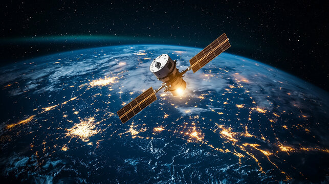A communication satellite orbits Earth at night.